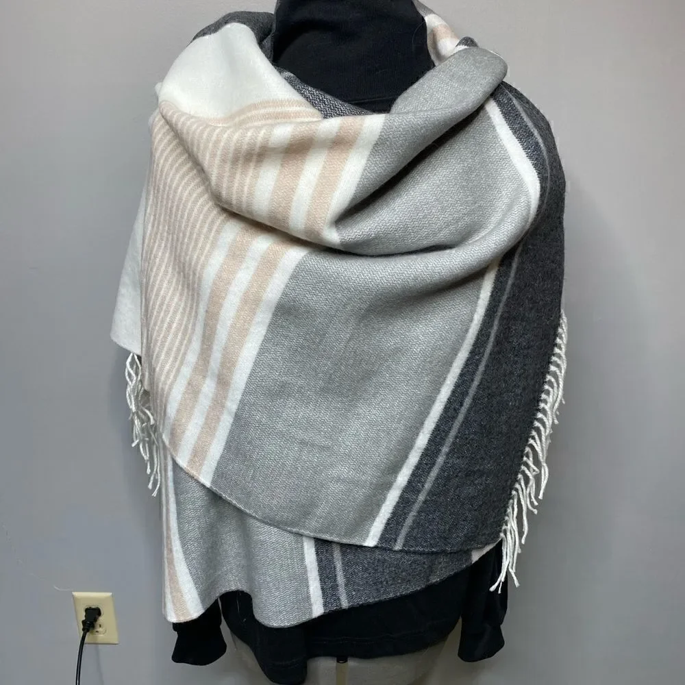 Calvin Klein Scarf wrap grey ivory beige striped 76 x 24 + fringe soft NWT